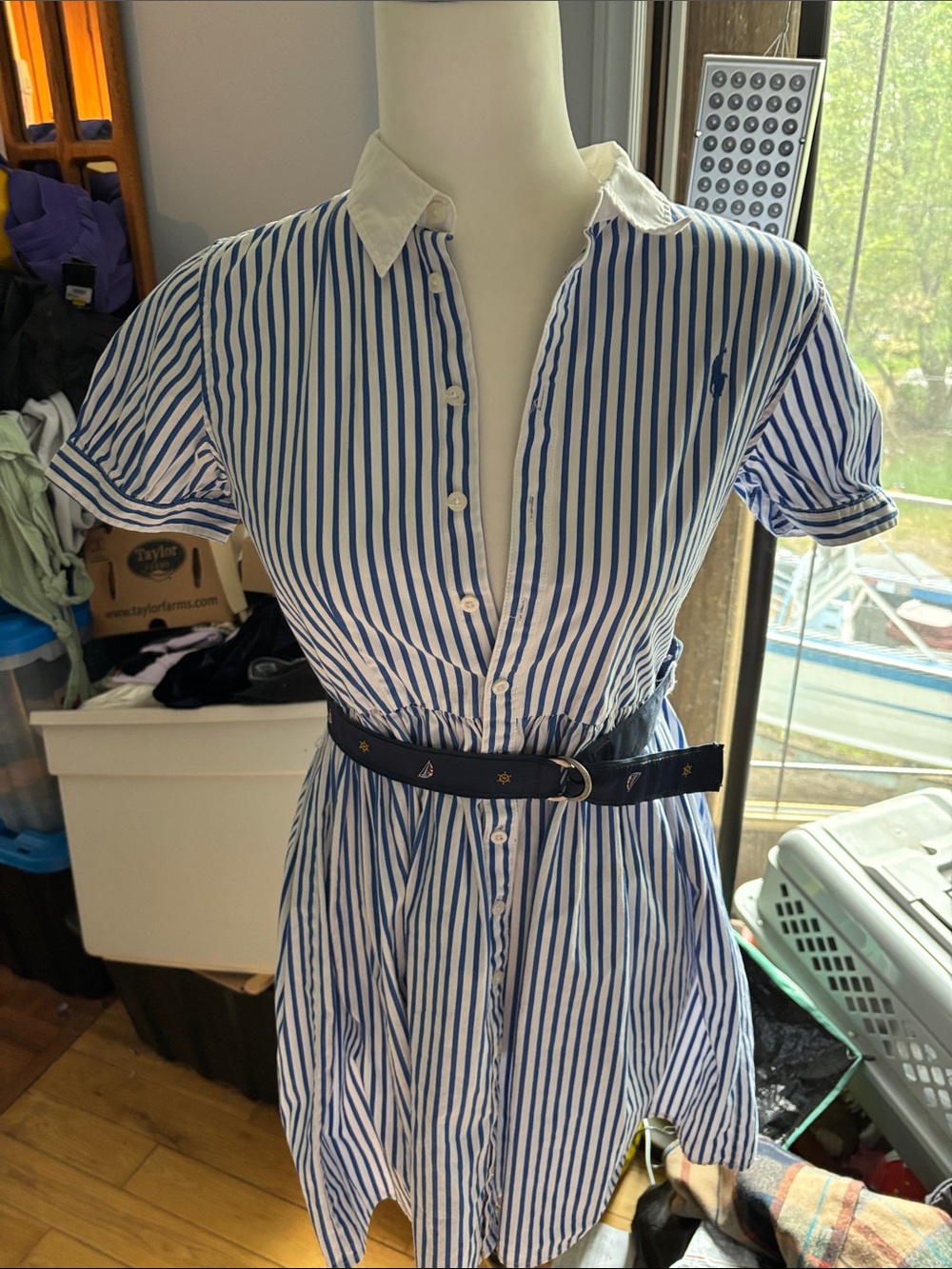 Polo by Ralph Lauren Girls Blue and White Striped Belted Shirt Dress